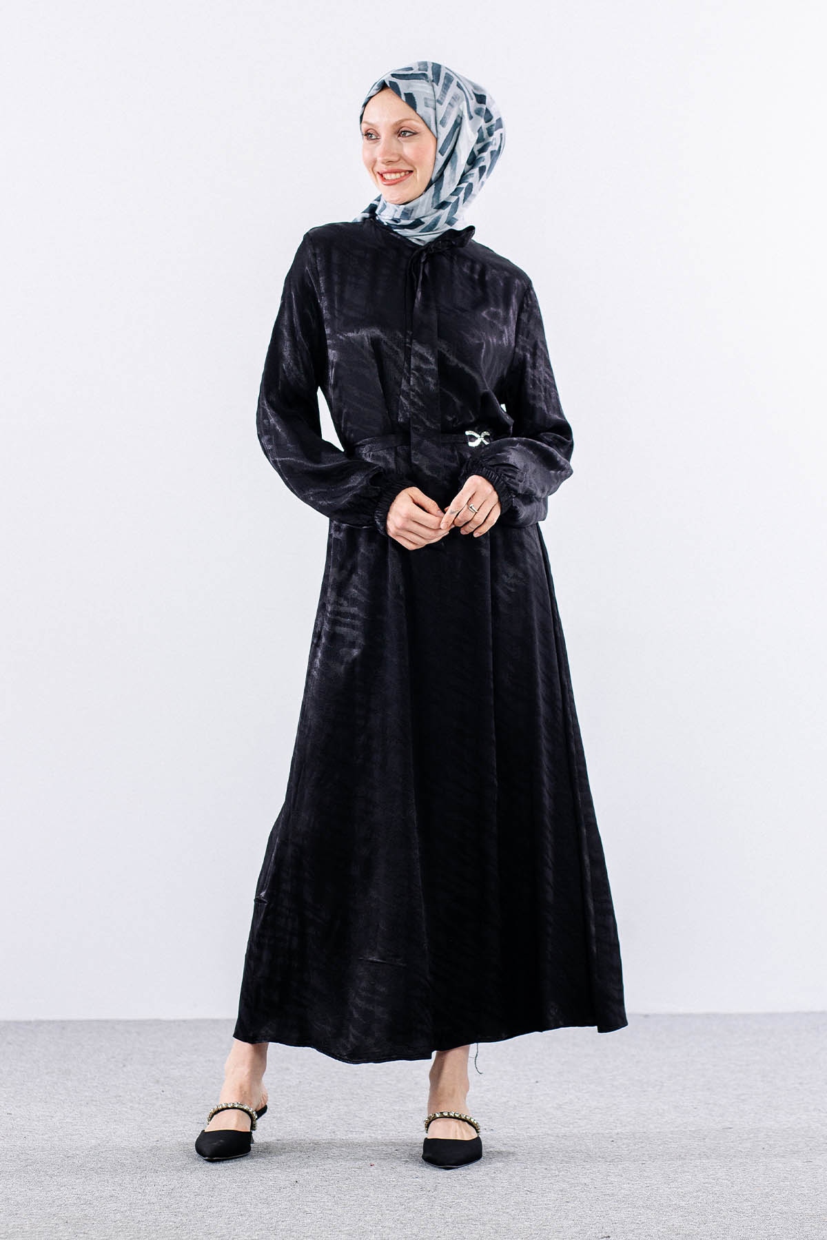 2575 Elbise 40-48 Saten Jakar - Siyah - 1