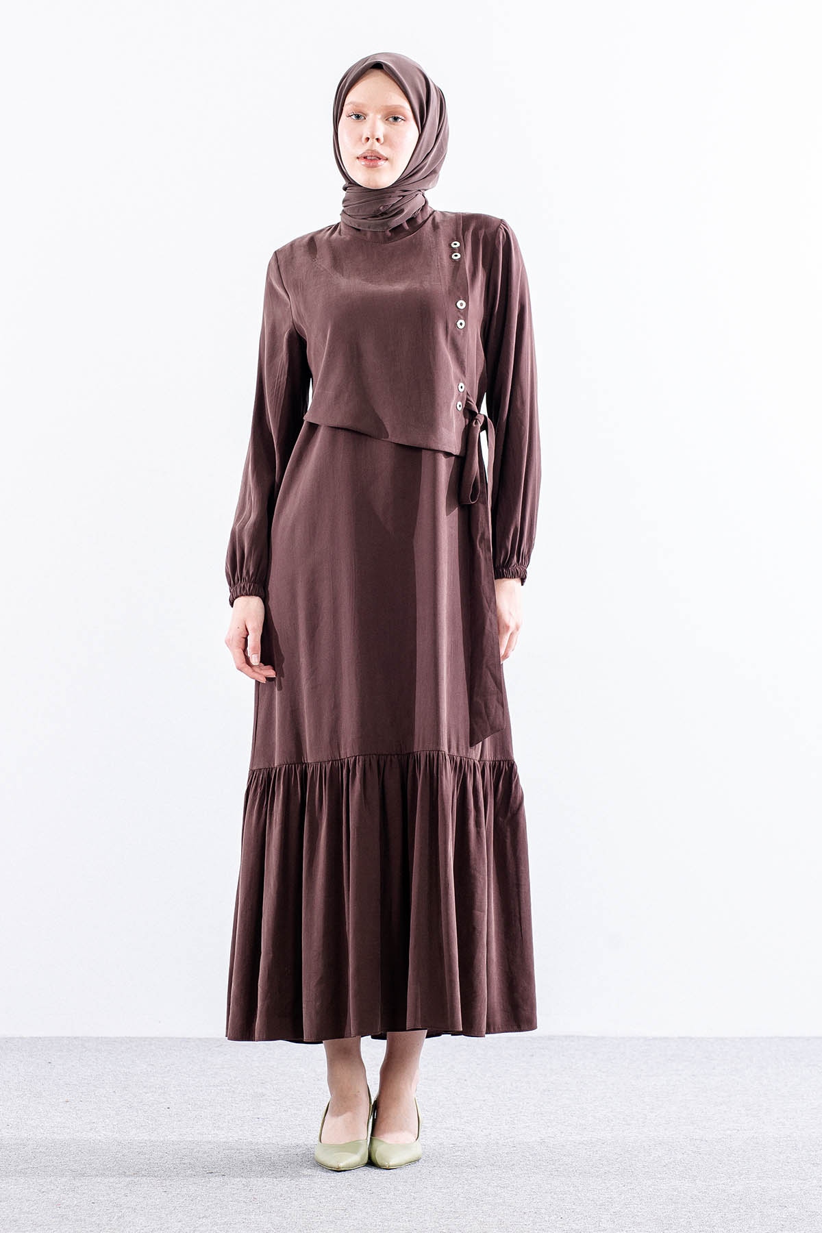 2576 Elbise 38-48 Kusgozu Detay - Kahve - 1