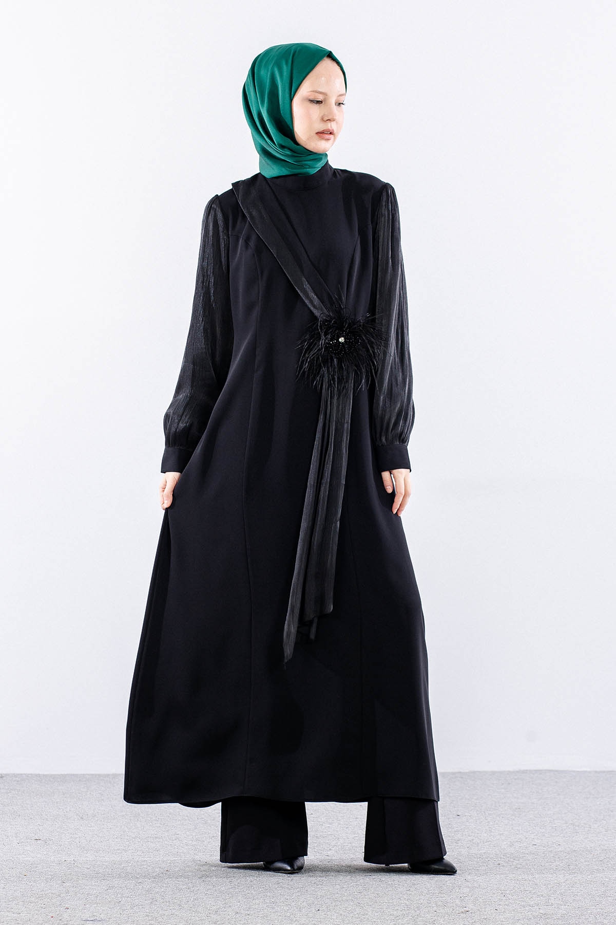 2583 şik Elbi̇se 42-50 Organze Garni - Siyah - 2