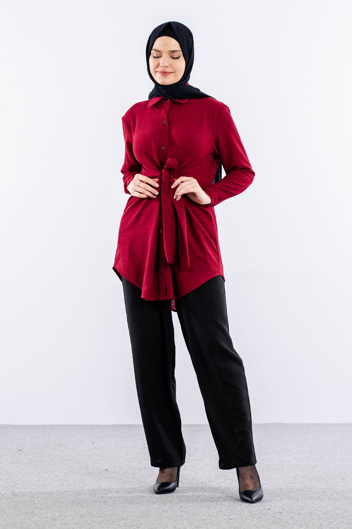 2835-50 Tunik 38-42 Keten Bağli - Bordo - 3