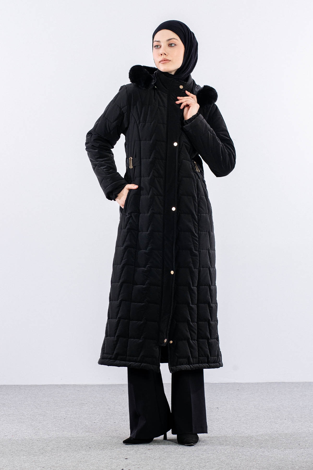 3021 Kapitone Kaban 38-48 - Siyah - 1