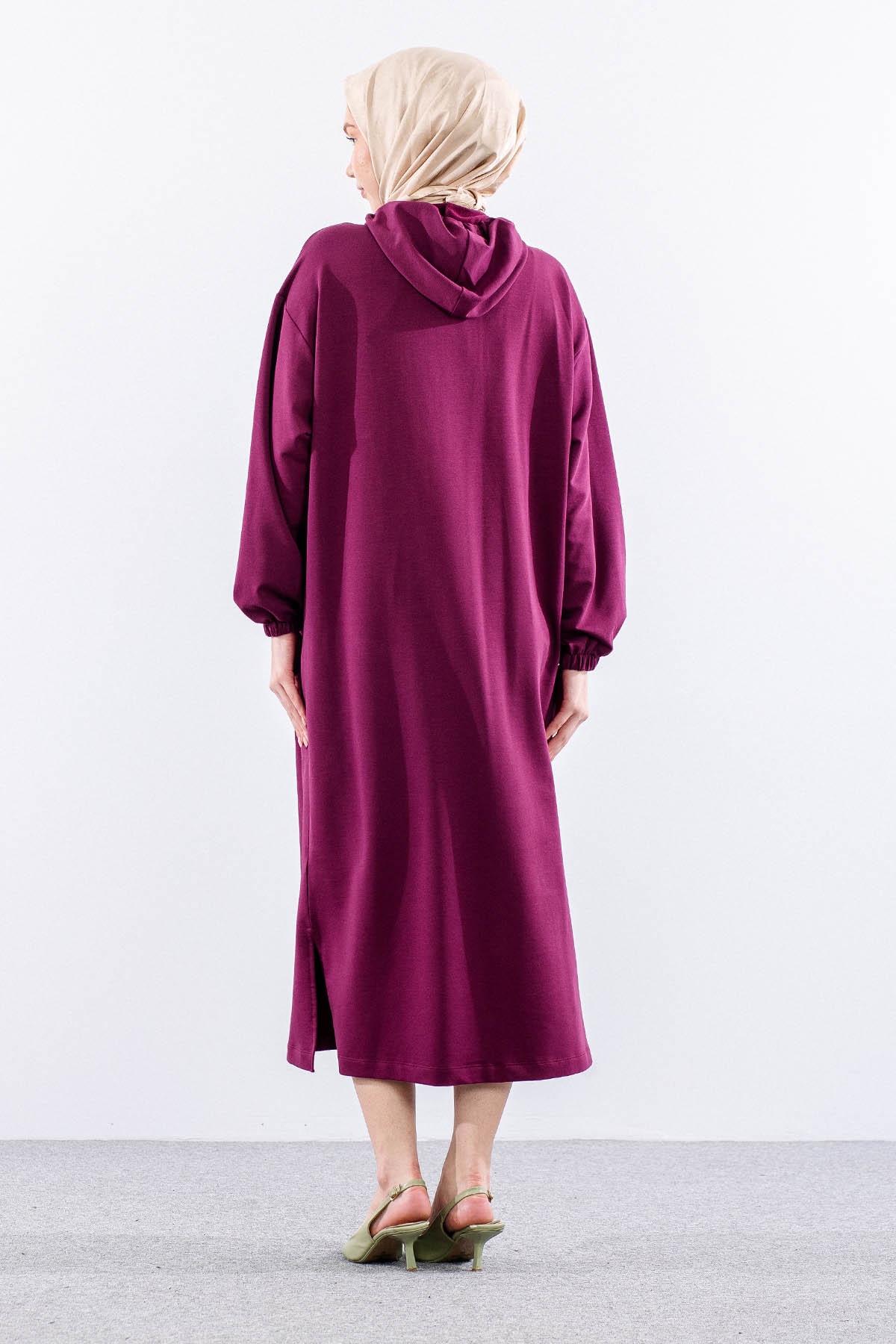33744 Elbise Tek Kapson Detay - Bordo - 5