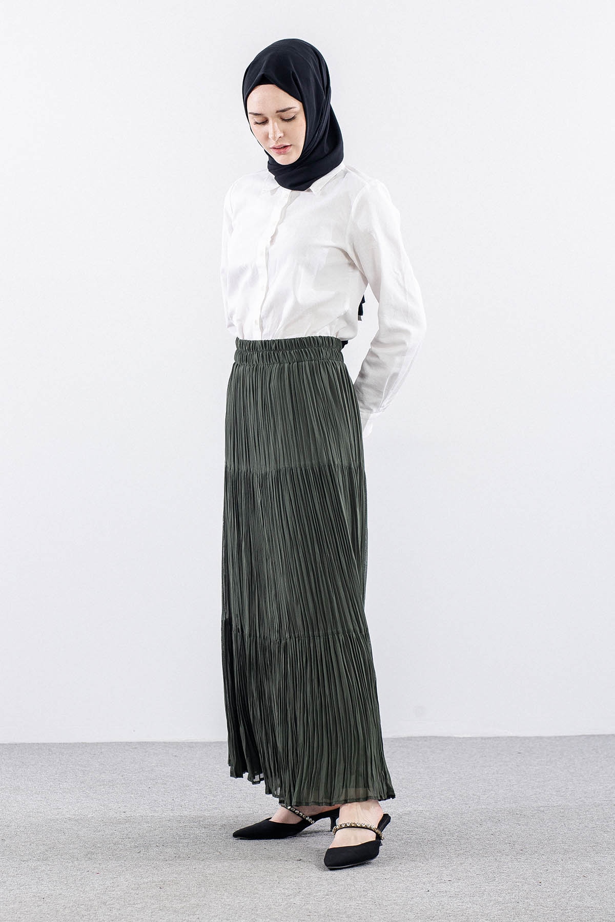 3406 Etek 1-2-3 Katli Sifon Kumas - Haki - 3