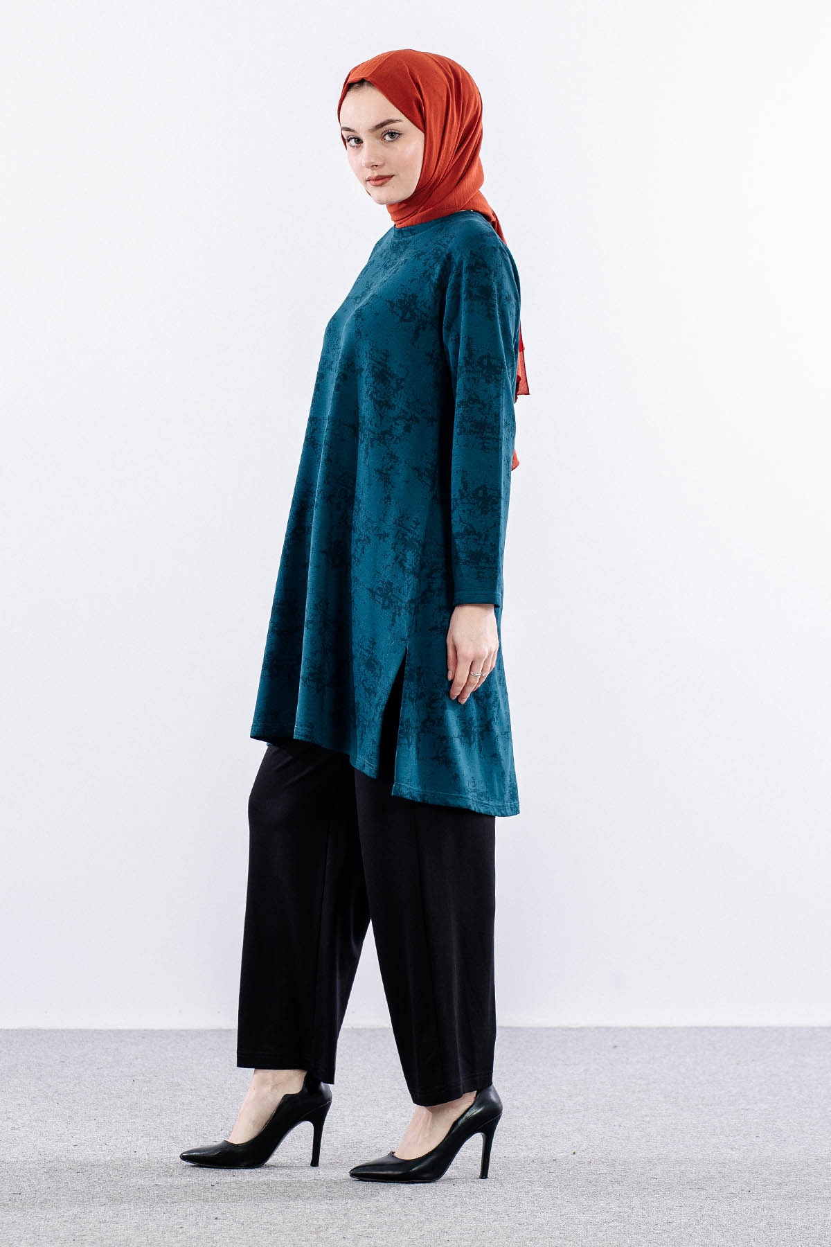 3531 Tunik 46-54 Desenli - Petrol - 3