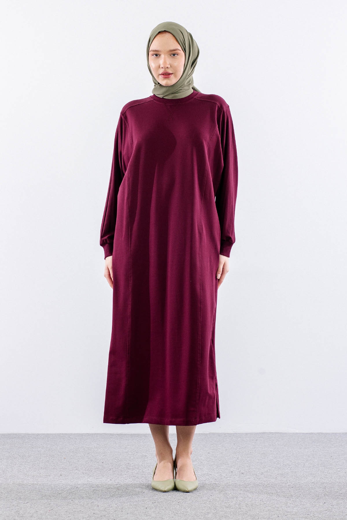 35335 Elbise Tek Yarasa Kol - Bordo - 1