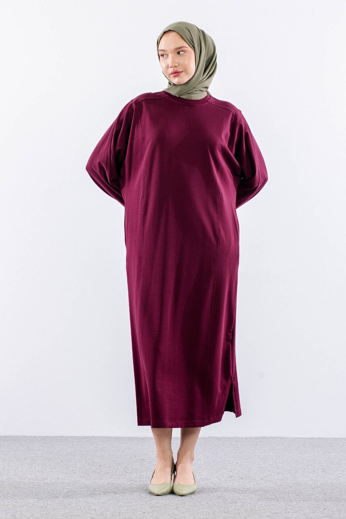 35335 Elbise Tek Yarasa Kol - Bordo - 2