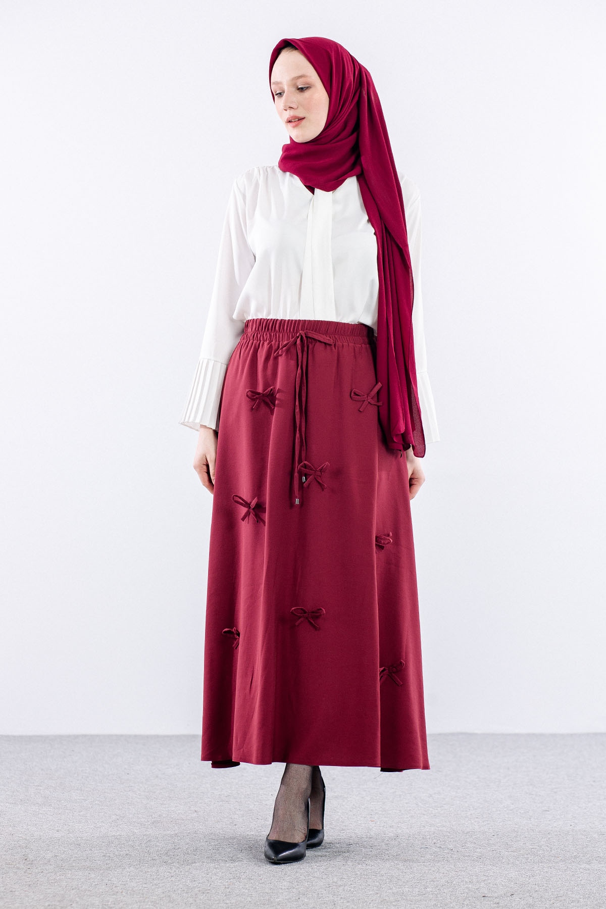 3633 Etek 38-48 Tencel Kumaş - Bordo - 2