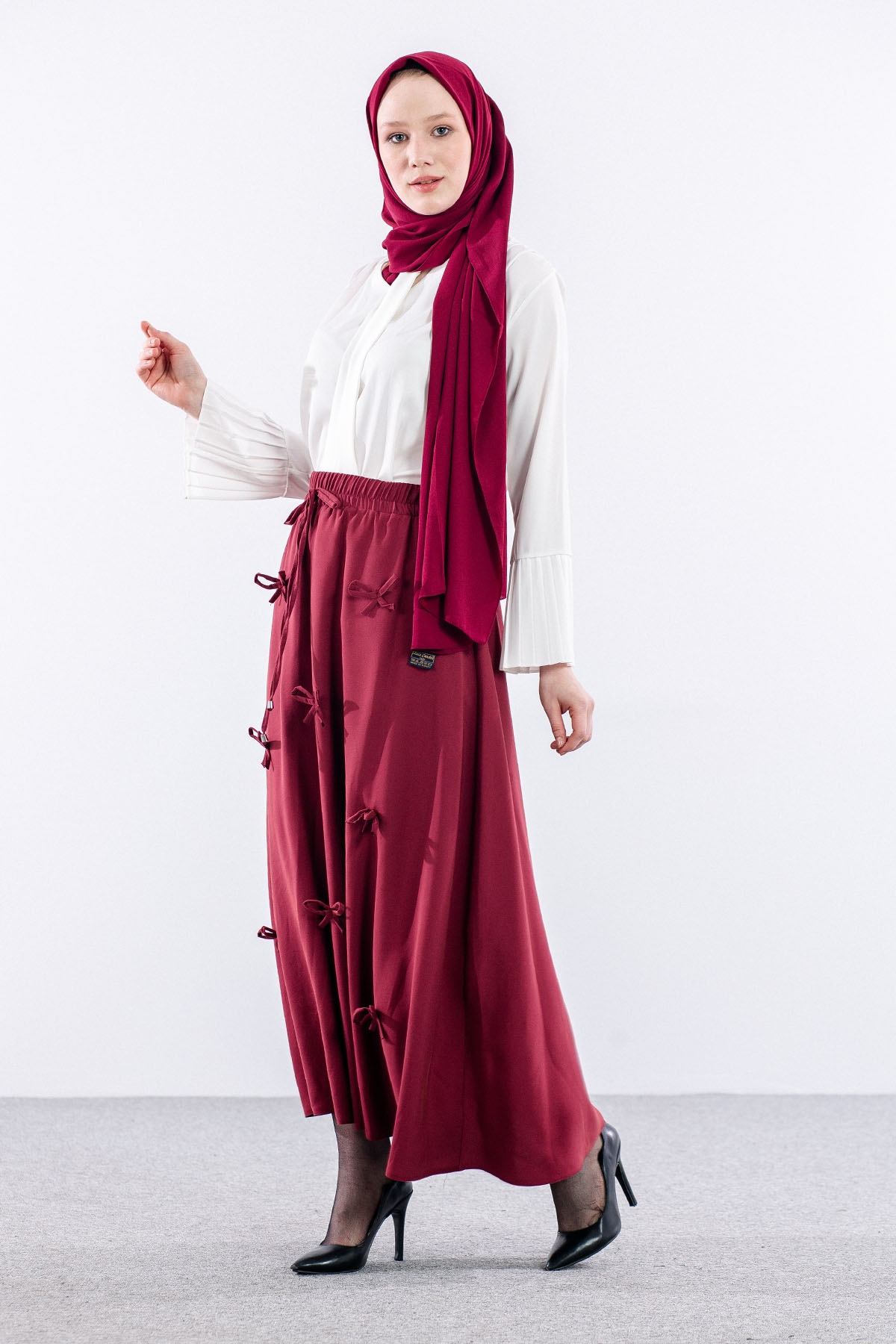 3633 Etek 38-48 Tencel Kumaş - Bordo - 3