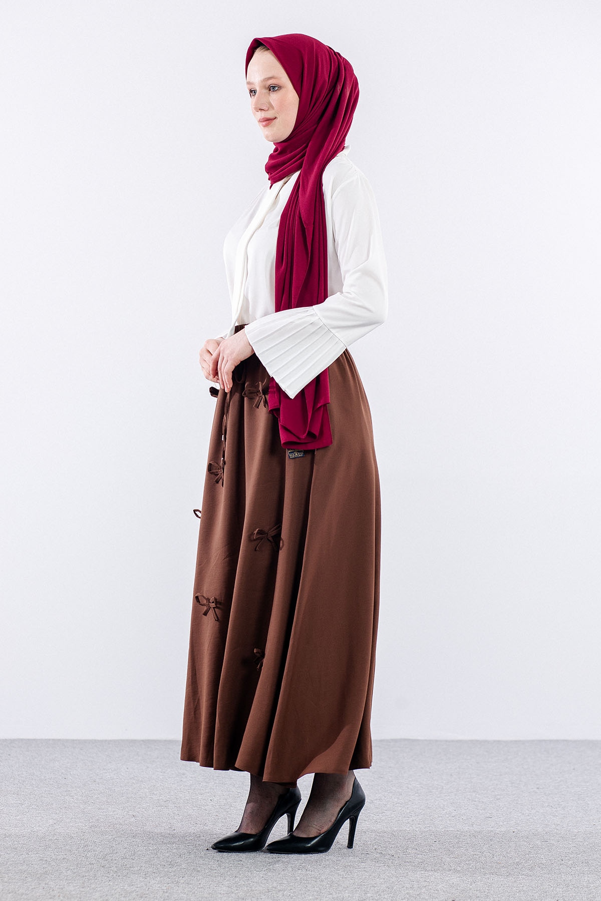3633 Etek 38-48 Tencel Kumaş - Kahve - 2