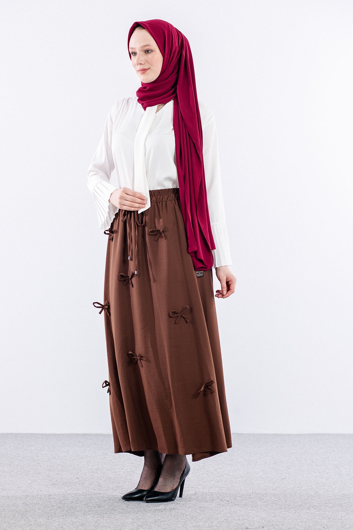 3633 Etek 38-48 Tencel Kumaş - Kahve - 3