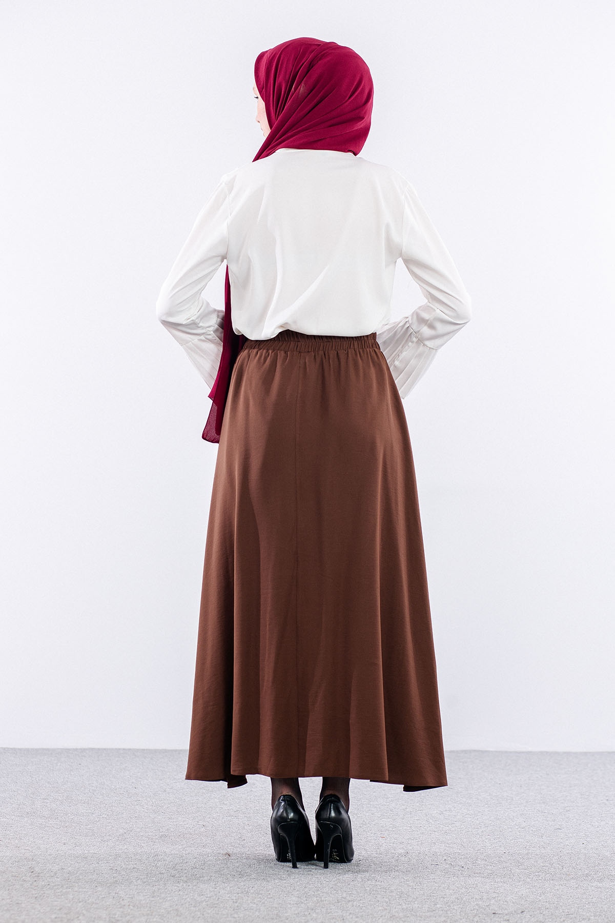 3633 Etek 38-48 Tencel Kumaş - Kahve - 5