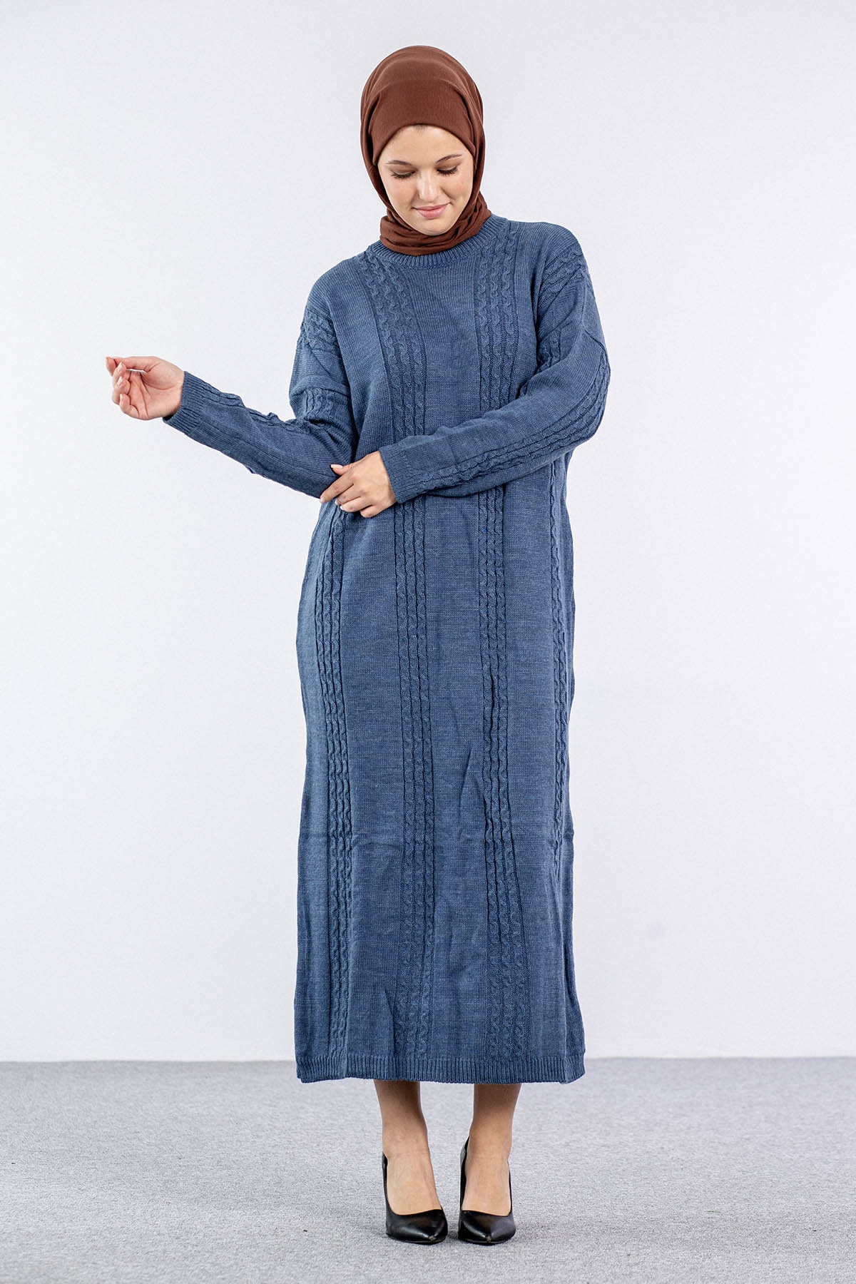 4176 Triko Elbise Tek - Indigo - 1