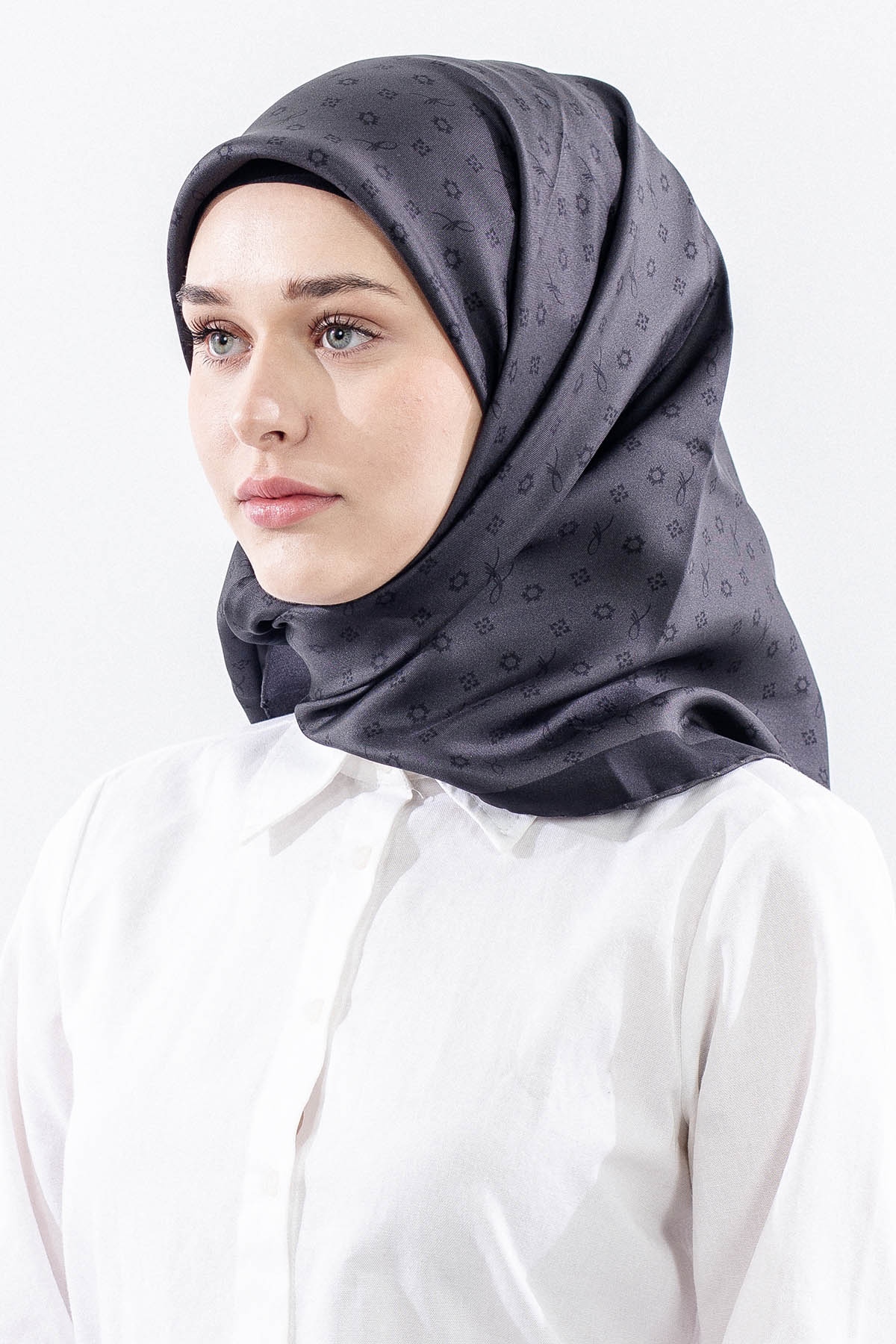 4639 İpek Eşarp Tvil Kumas Monogram - Antrasit - 2