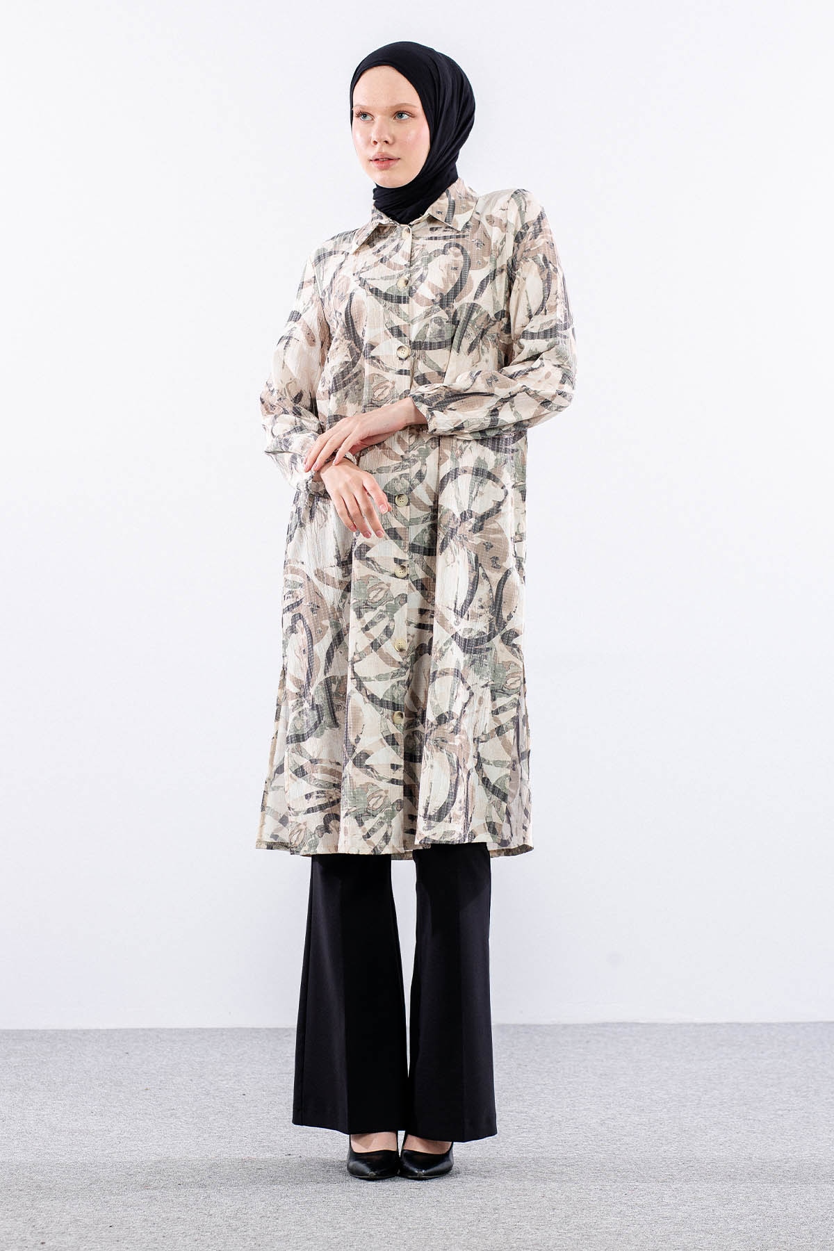 5007 Tunik 42-50 Desenlı Araboy - Bej - 1