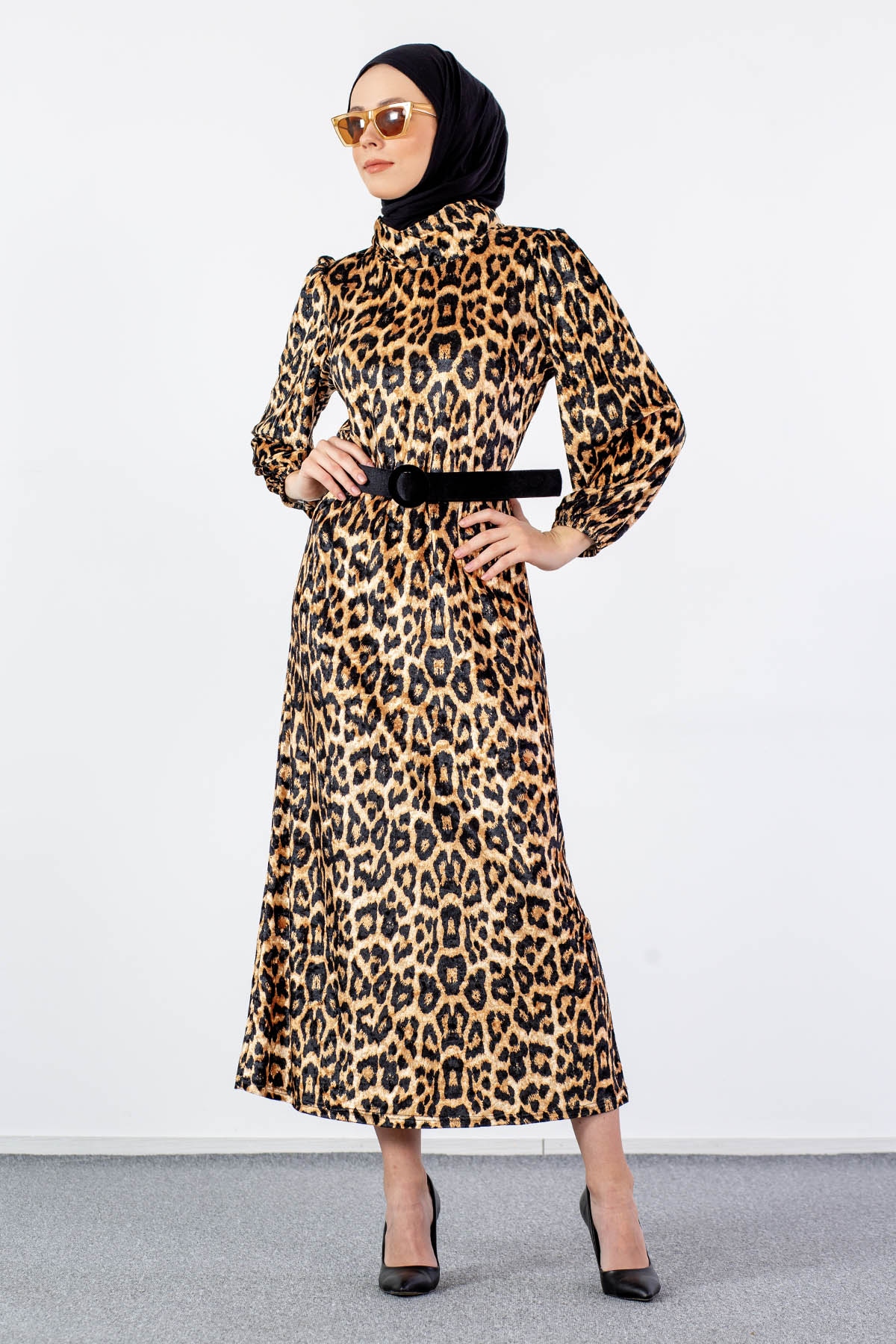 5809 Leopar Elbise 38-46 - Siyah - 2