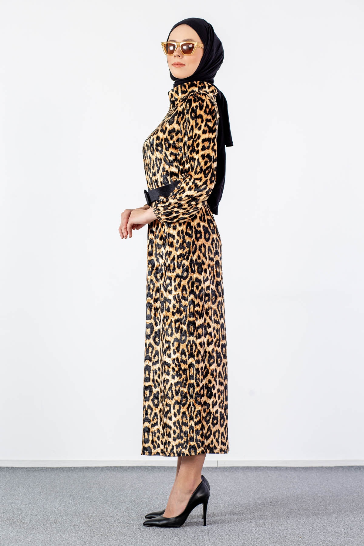 5809 Leopar Elbise 38-46 - Siyah - 4