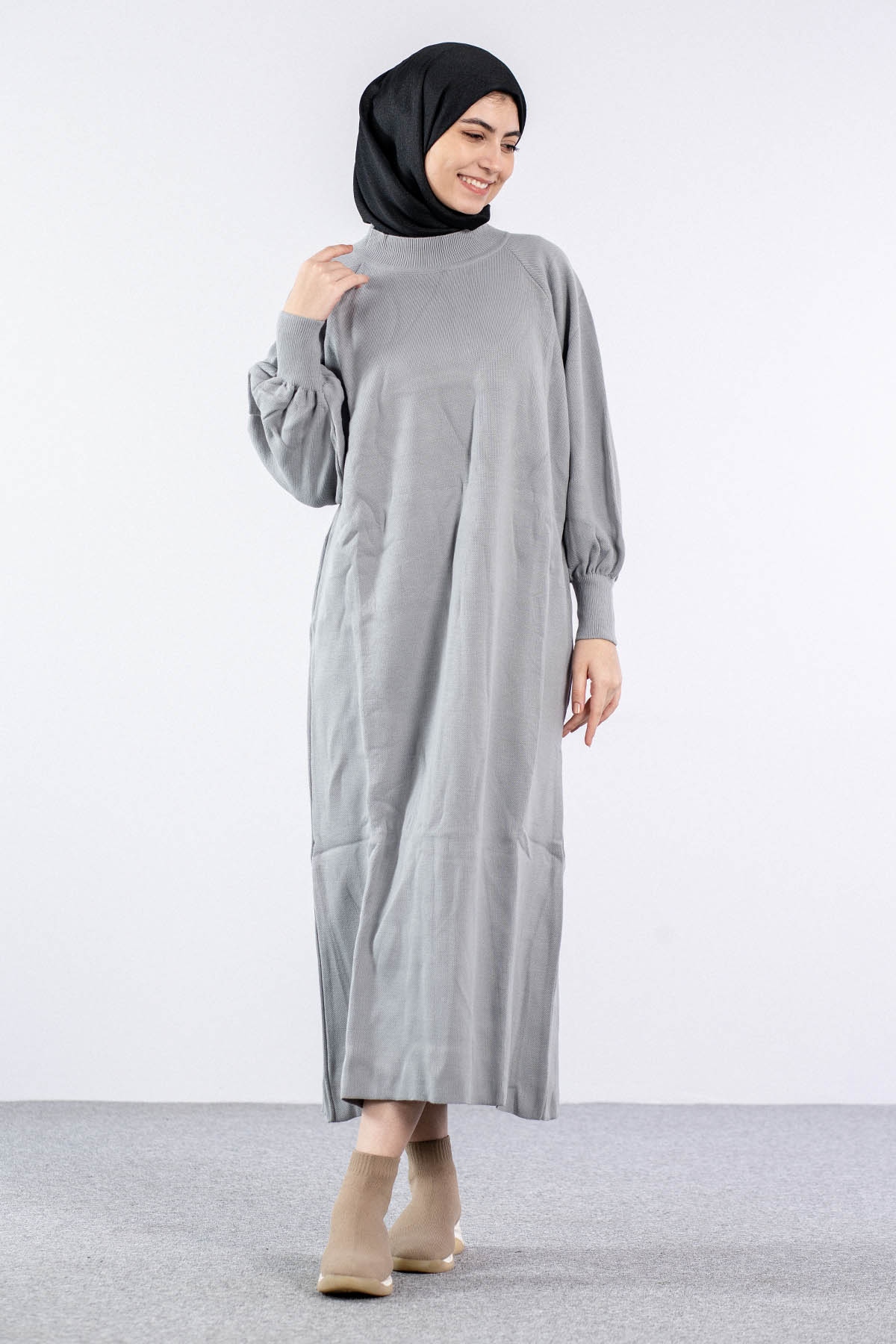 6045 Triko Elbise Tek Bln - A_gri - 1