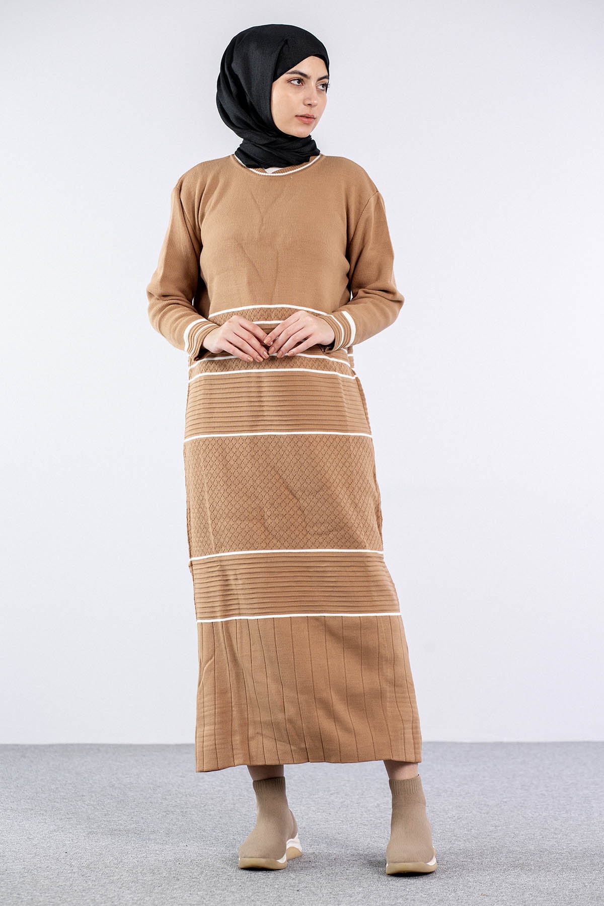 7070 Triko Elbise Tek - Camel - 1