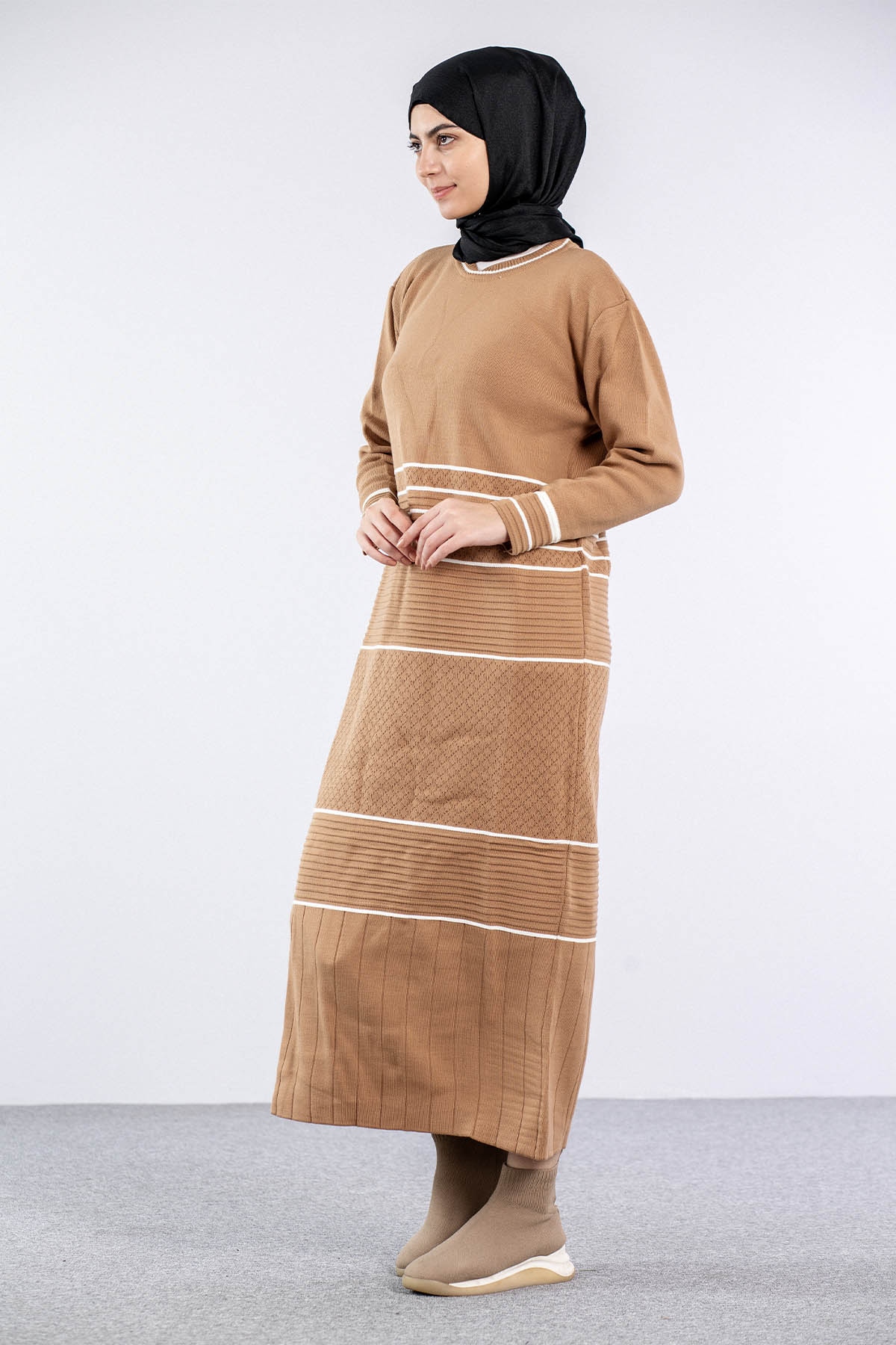 7070 Triko Elbise Tek - Camel - 4
