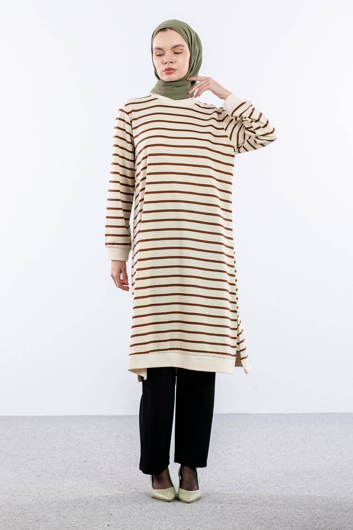 8043 Tunik 42-50 Cizgili Desen - Bej-kahve - 3