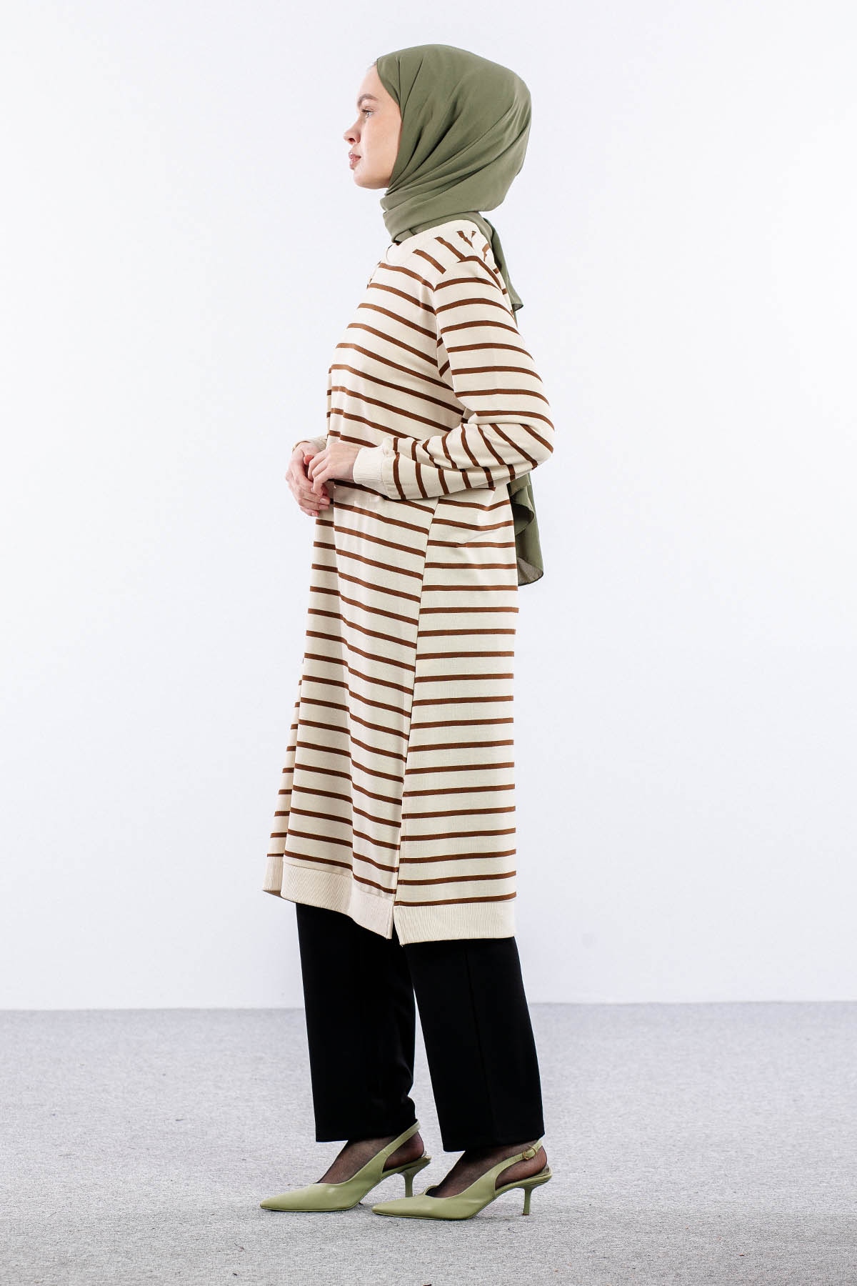 8043 Tunik 42-50 Cizgili Desen - Bej-kahve - 4