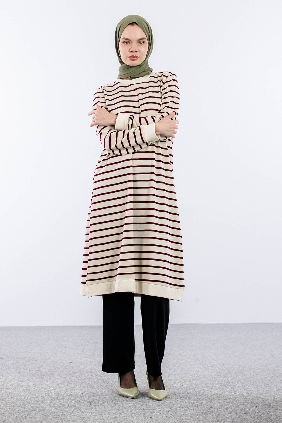 8043 Tunik 42-50 Cizgili Desen - Bej_murdum - 2