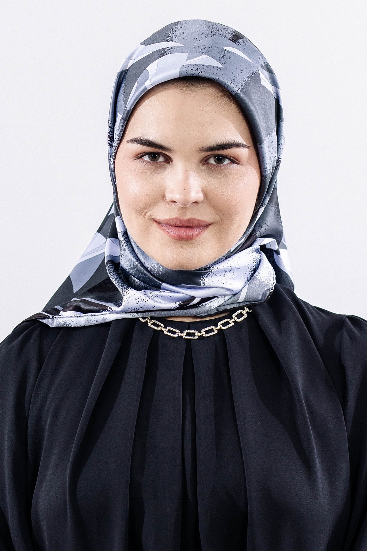 Dg11122 Saten Eşarp - Siyah_gri - 3