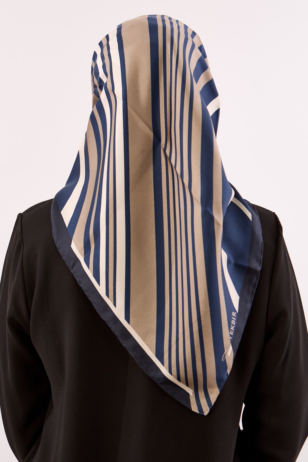 Dg13139 İpek Eşarp Tvil Kumas Cizgi Desen - Lacivert_tas - 3
