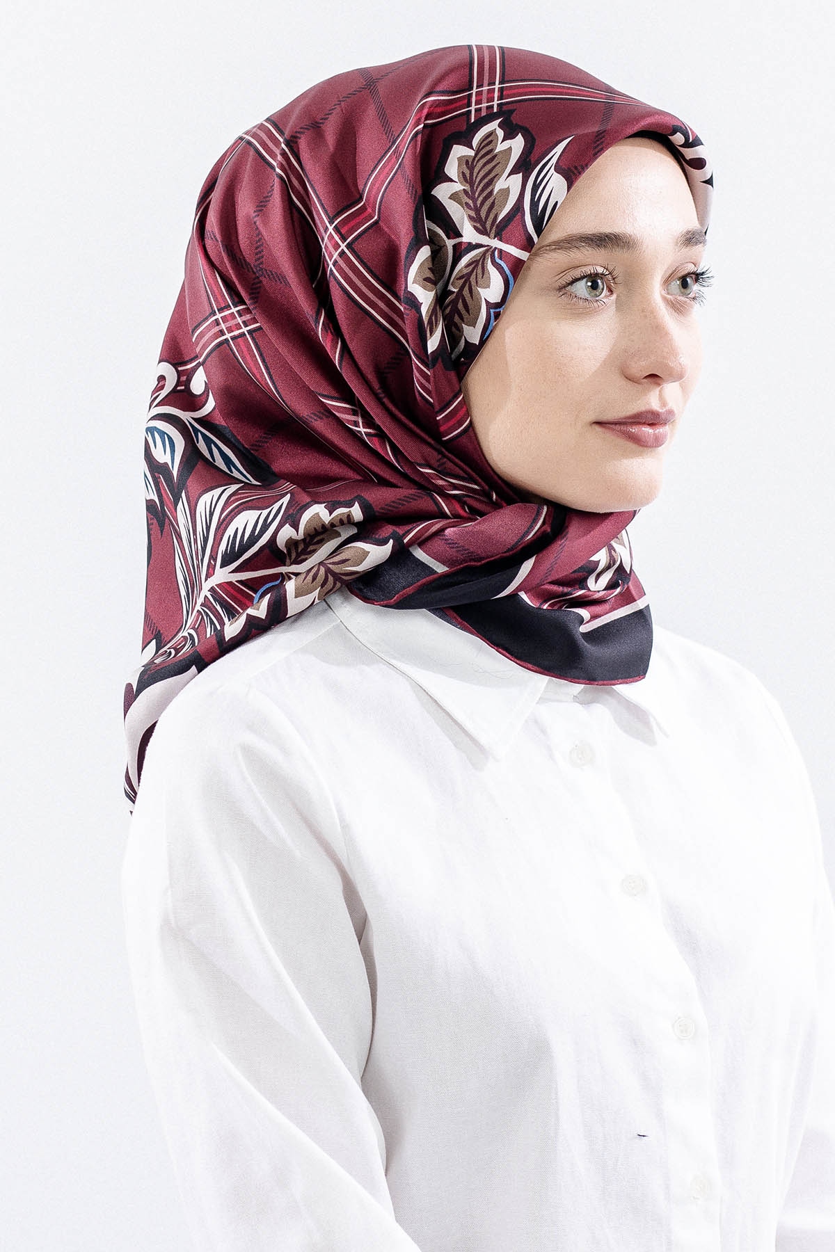 Dg14815 İpek Eşarp Kare Yaprak Tvil Kumas - Bordo - 2