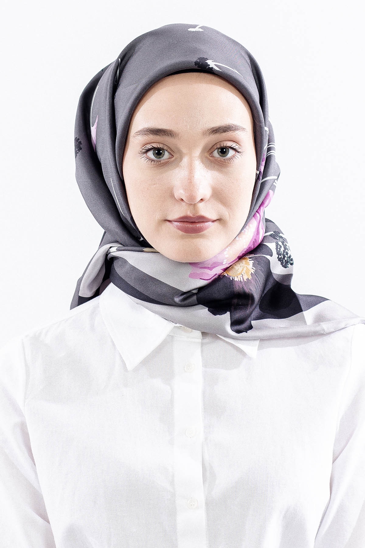 Dg14821 İpek Eşarp Nilufer Tvil Kumas - Gri - 5