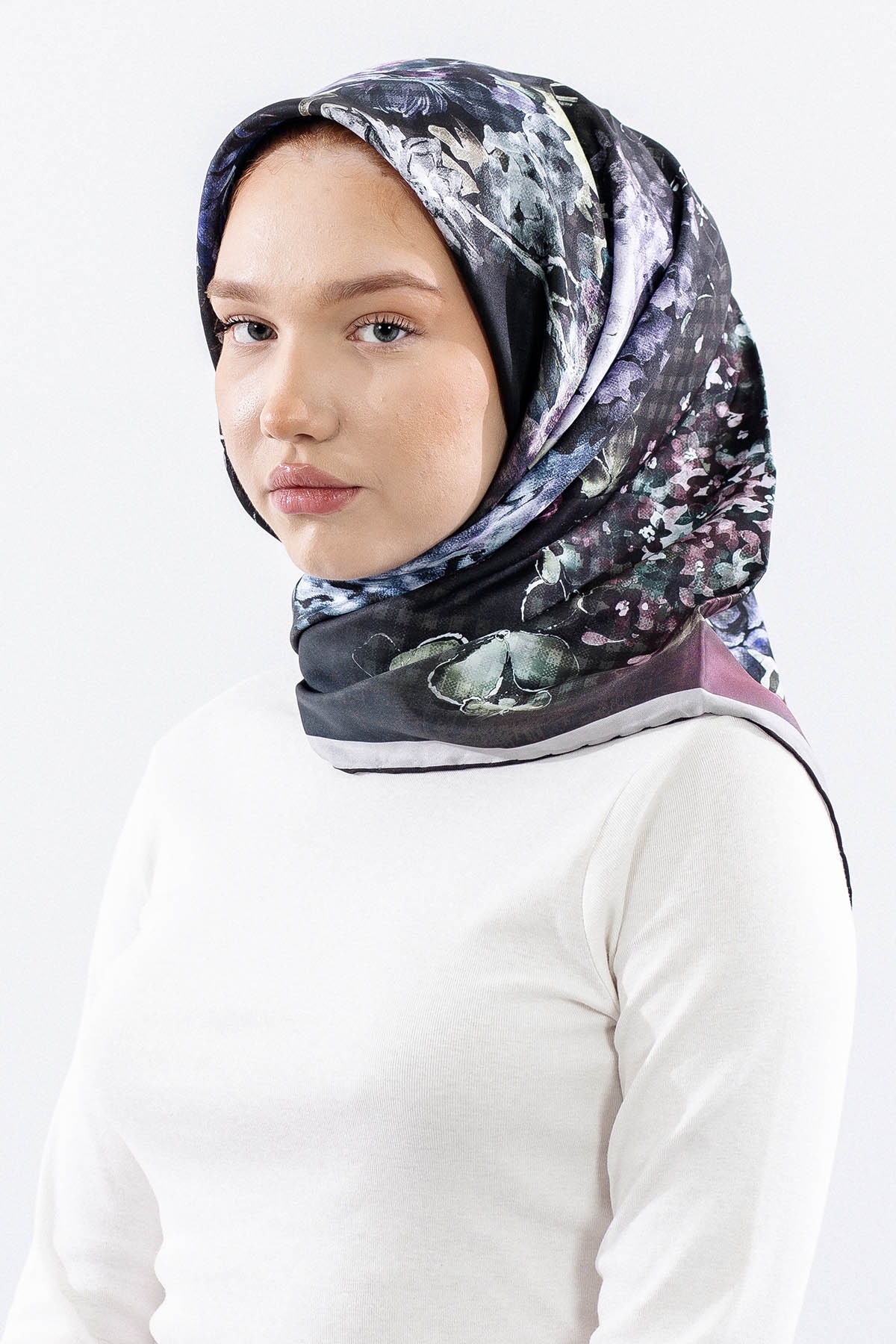 Dg14823 Eşarp Polyester Kumas Cicek Kare - Haki - 2