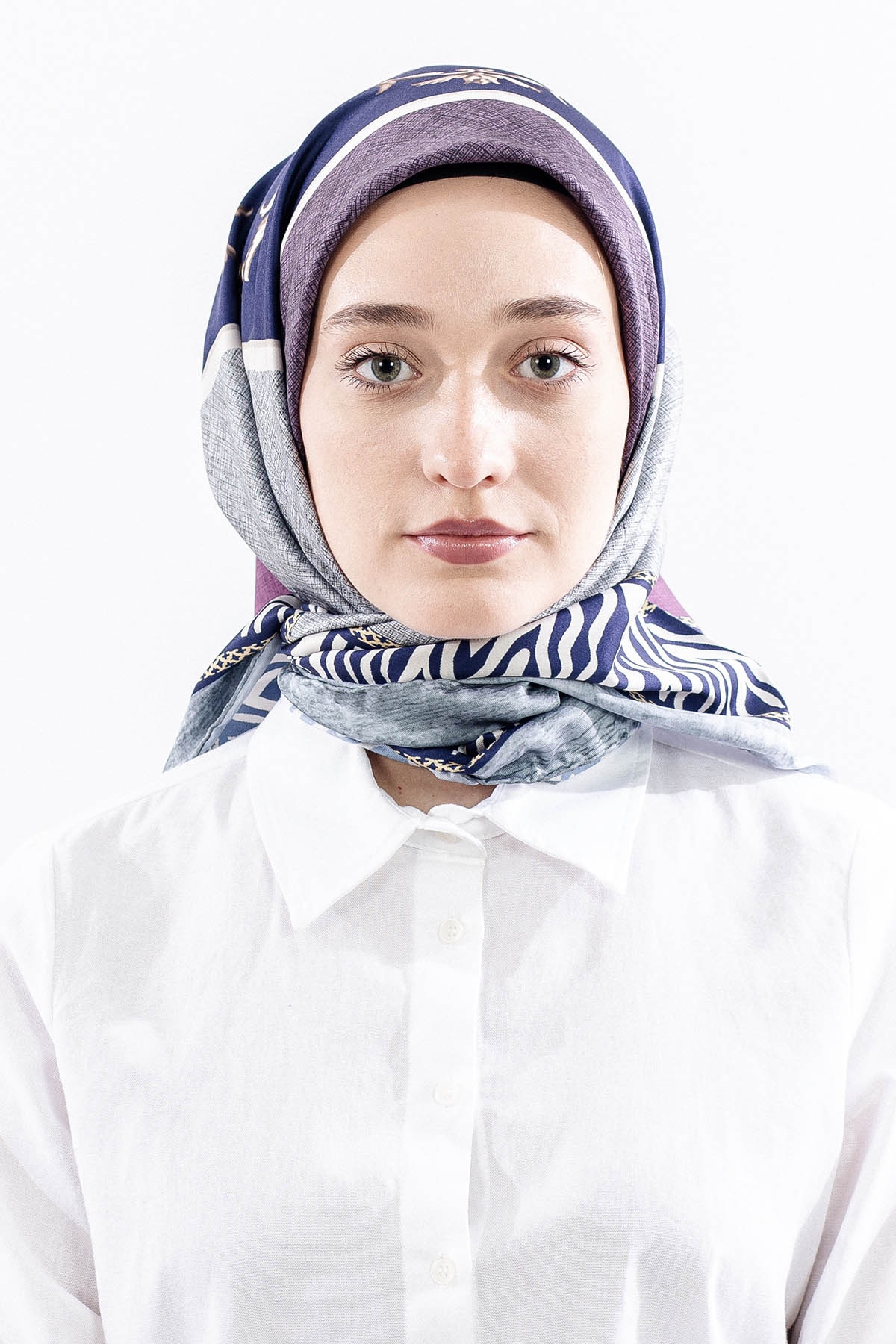 Dg14824 Eşarp Polyester Kumas Zincir Desen - Lacivert_pudra - 1
