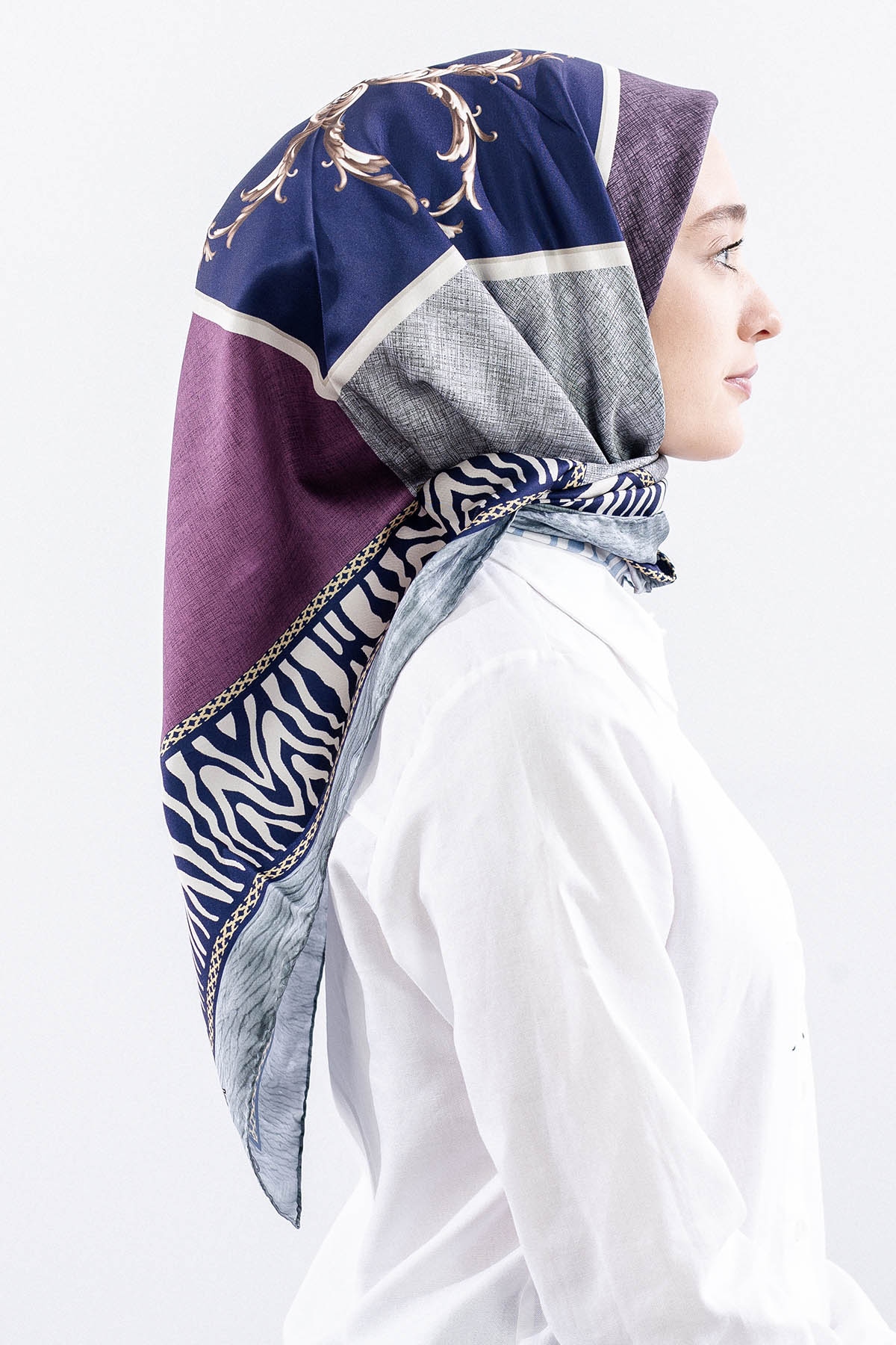 Dg14824 Eşarp Polyester Kumas Zincir Desen - Lacivert_pudra - 3