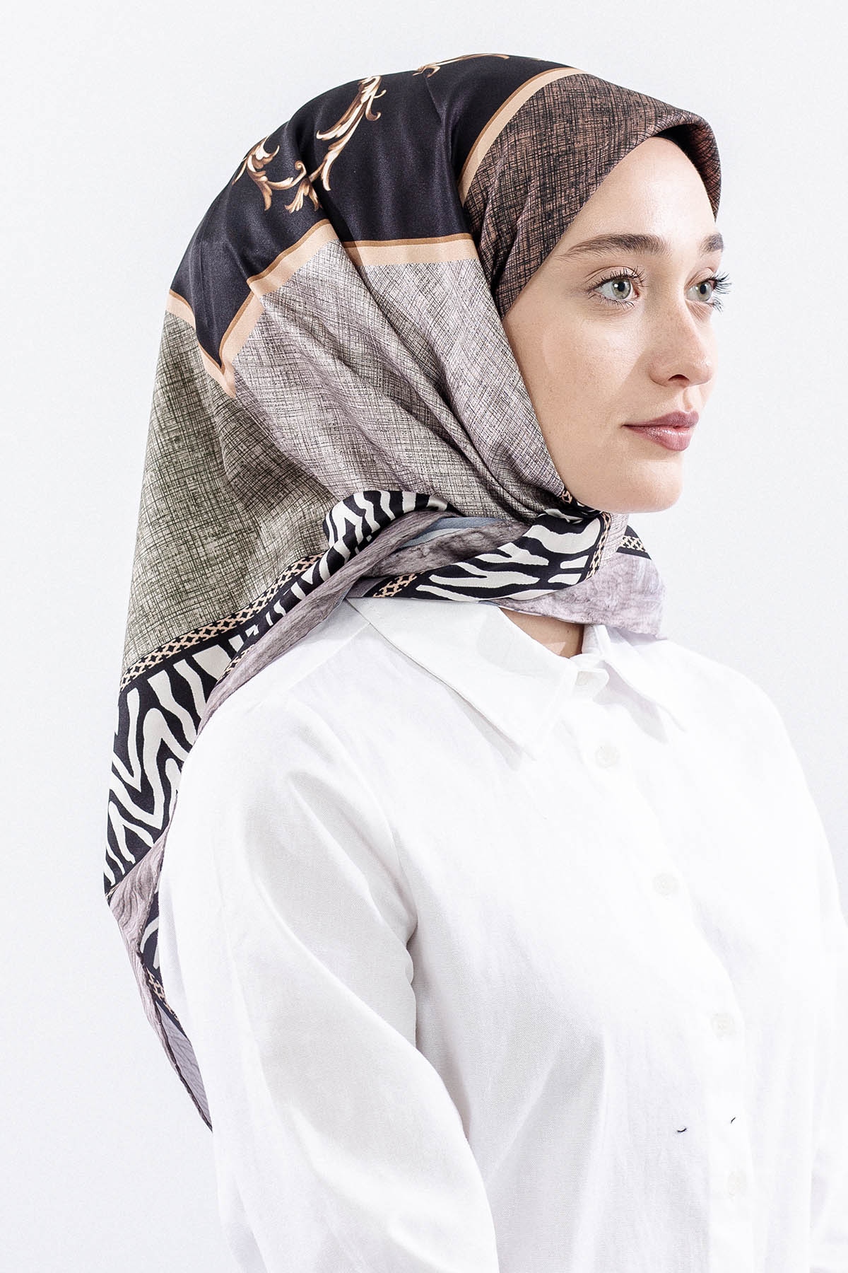 Dg14824 Eşarp Polyester Kumas Zincir Desen - Siyah - 2