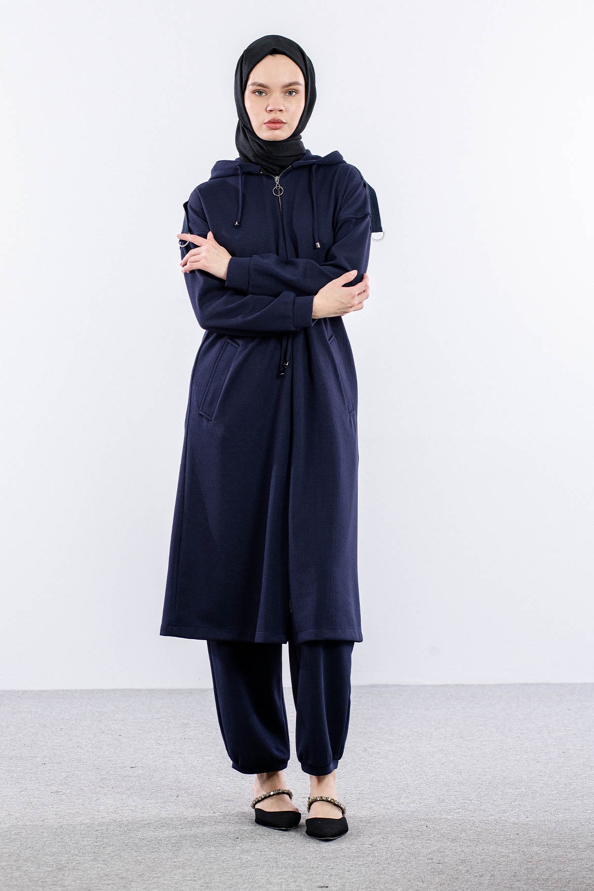F-1599 Takim 38-48 Fermuarli Spor - Lacivert - 1