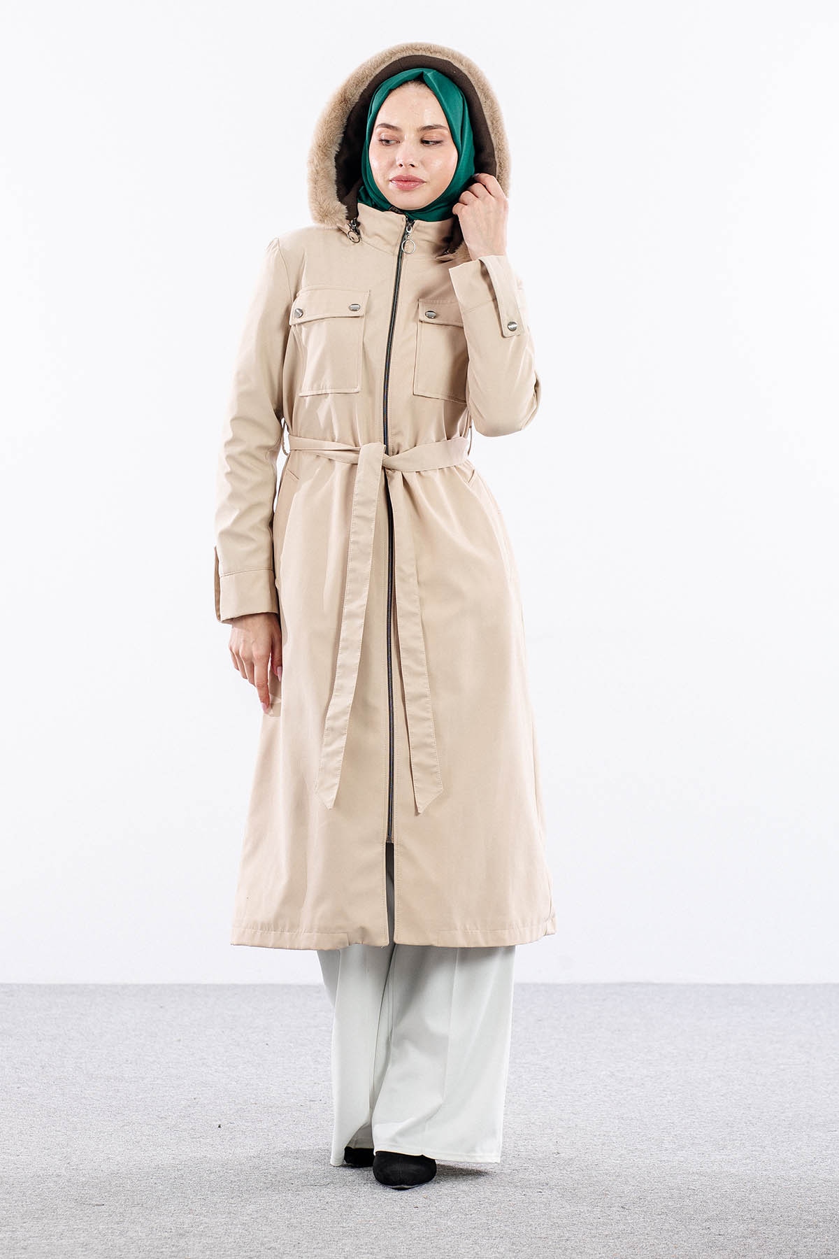 F1580 Parka 38-48 Kurklu Kapson - Bej - 2