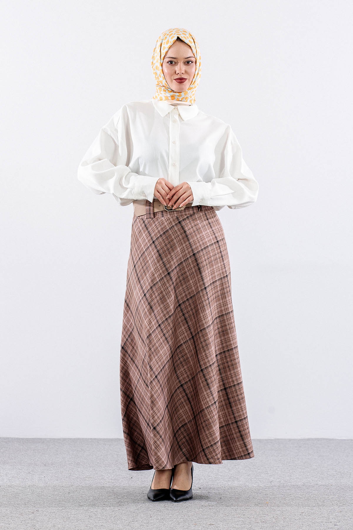 Mevlana Etek 38-48 Ekose Gramaj - Bej - 1
