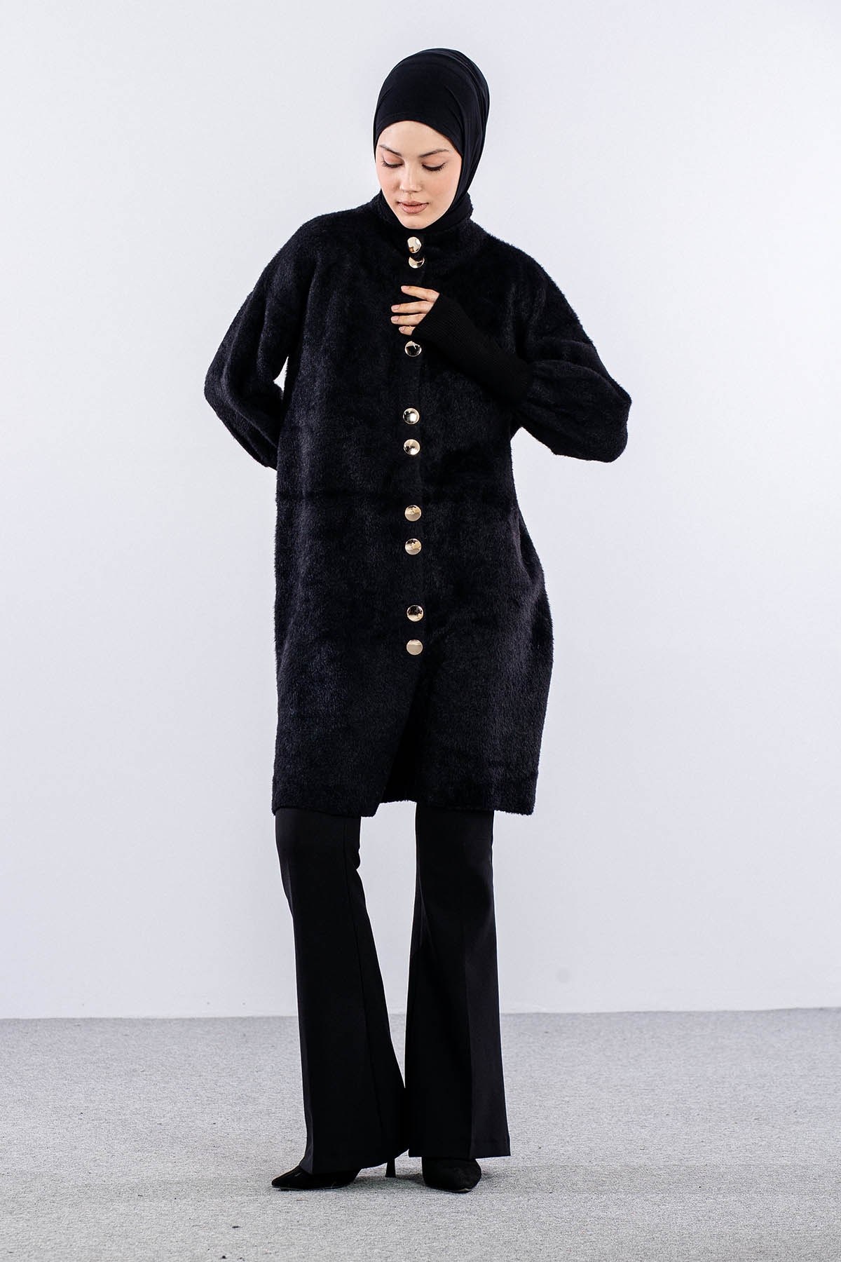 N25025 Peluş Ceket Tek - Siyah - 1
